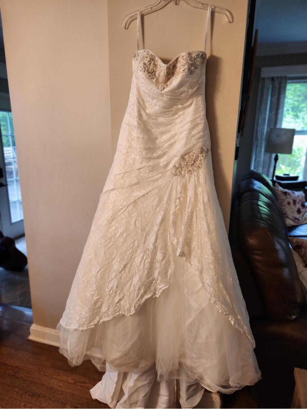 David's Bridal Ivory Strapless Lace Wedding Gown with Beaded Accents